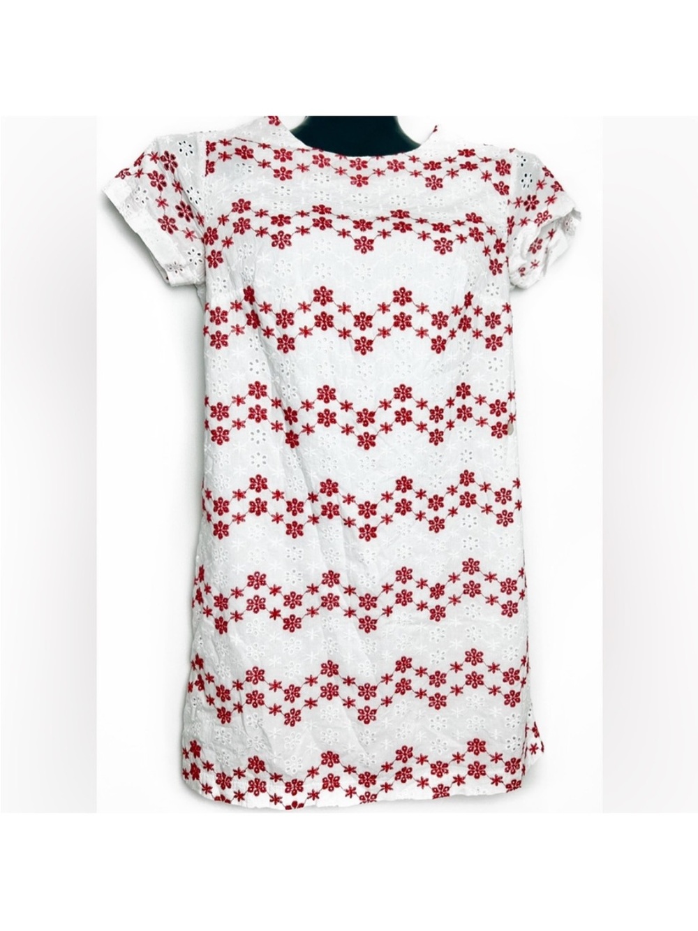 miami White Mini Dress with Red Floral Eyelet Stripes